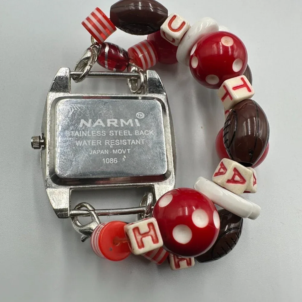 Narmi Watch Women Silver Tone Utah Football Bead Stretch Bracelet New Battery